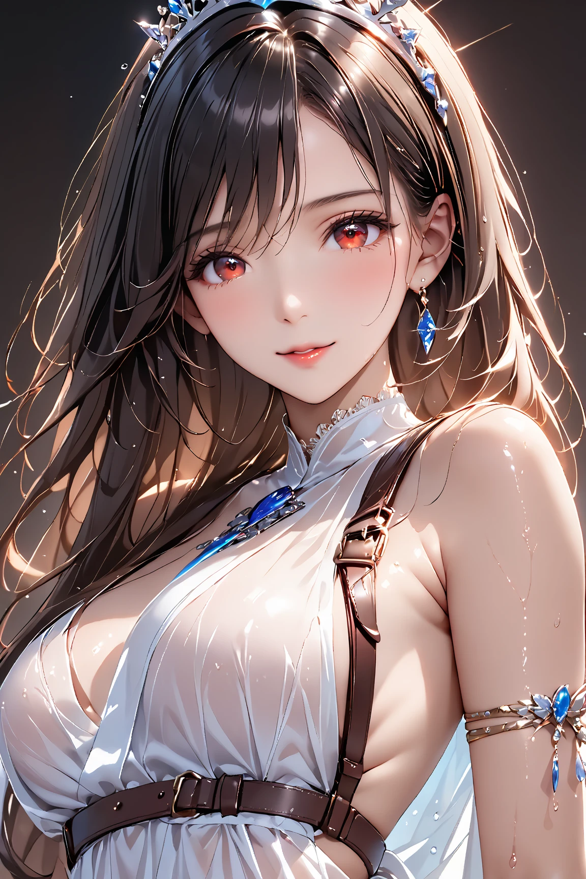 young girl, Long black hair with light pink ends, white fox ears, White fox tails, golden eyes, Thick kimono, open shoulders, open breasts, ssmile, Masterpiece, hiquality