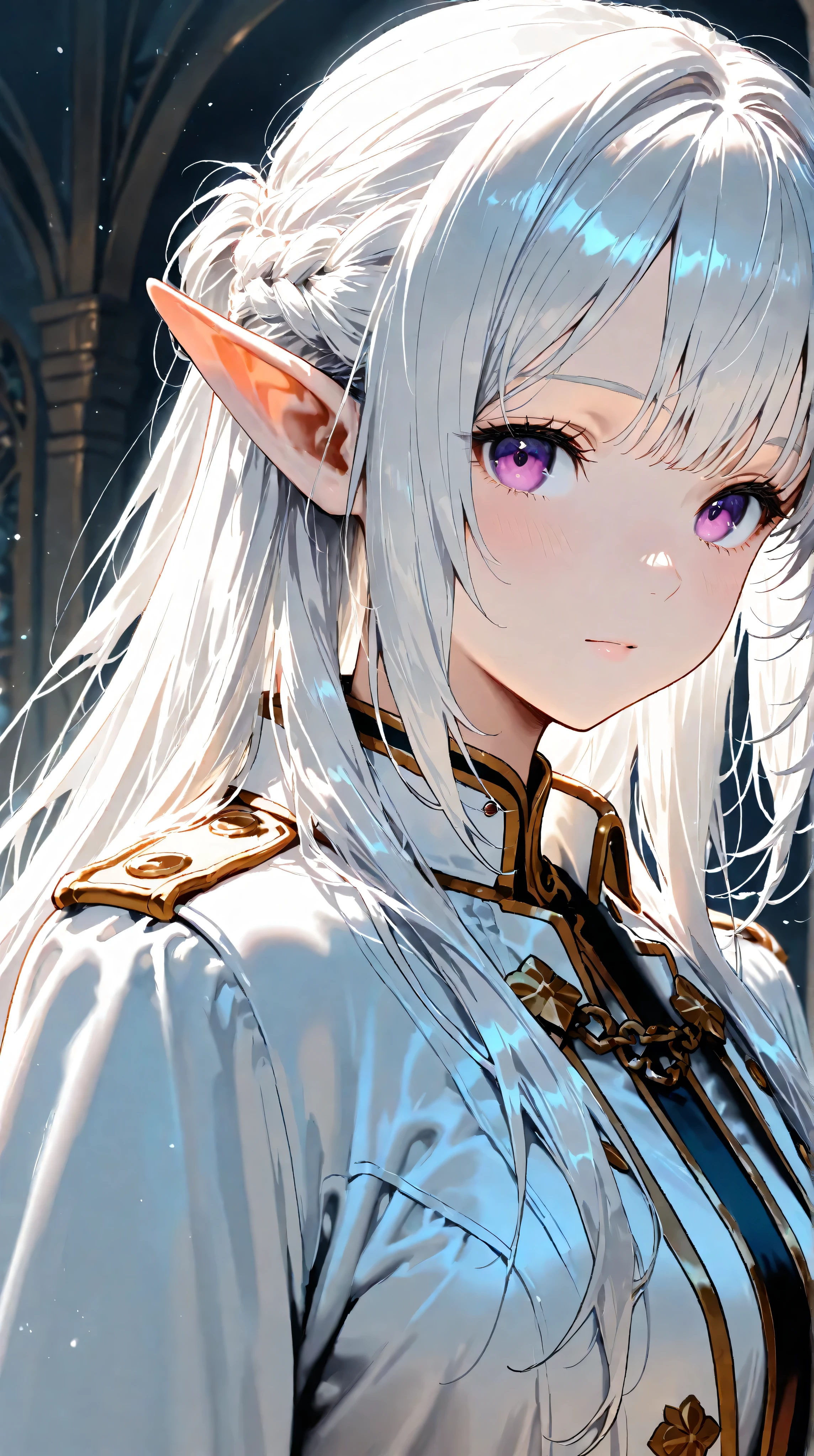 Solo, female, beautiful, medium platinum hair with bangs, half up half down hair, purple eyes, white coat, D&D, elf, mediaval