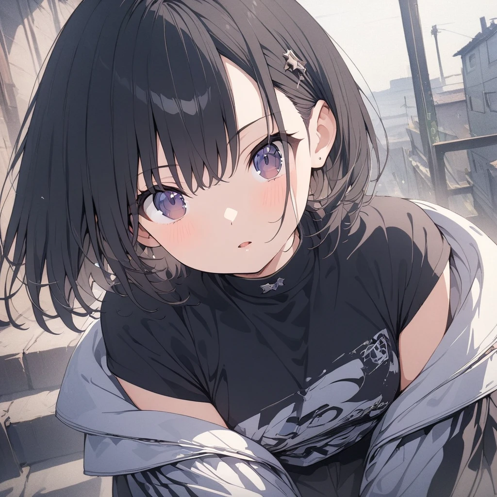 One Girl、Black Hair、Dark blue eyes、Cat ear、Black hoodie、Perfect Face、Perfect Eyes、Perfect Nose、Perfect Mouth、beautiful、delicateな目、Fair skin、cute、、cute、Sitting on the floor、Black socks、Jean Shorts、Black Background、frontを向いている、Hands hidden in sleeves、front、frontを向いている、beautiful、delicate、beautifulな線、front、Perfect Eyes