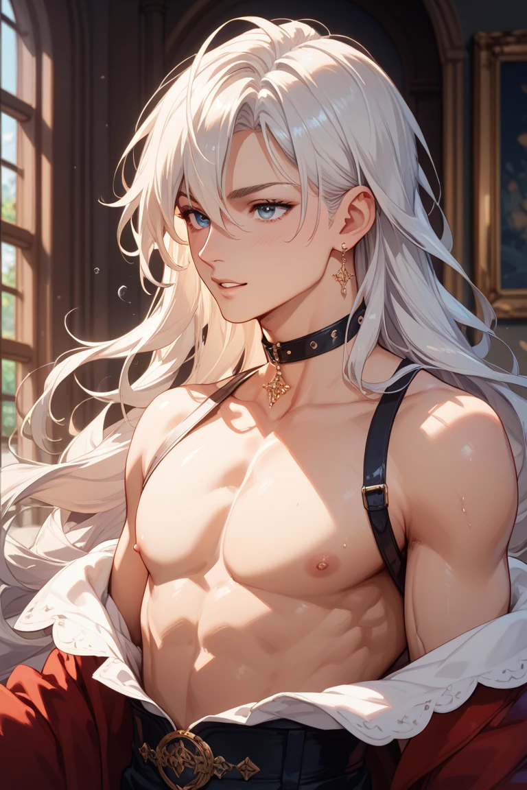 (absurdres, highres, ultra detailed), 1man, 30 years old man, adult man, handsome, tall,, finely detailed eyes and detailed face, leather pants, (((open chest))), (((underbust corset))), night, smile, dutch angle, ((long hair, white hair)), gold details, gothic, vampire, vampire prince, dark, simple clothes, looking at the view, tan skin, detailed eyes, (masculine), sexy, elegant, long bangs, detailed hands, (((gray eyes))), corset, flirt,