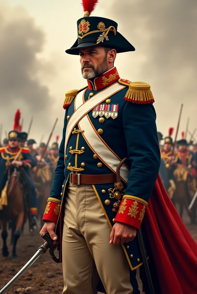 Soldiers in the 1800 century wearing yellow blue and red uniform 
