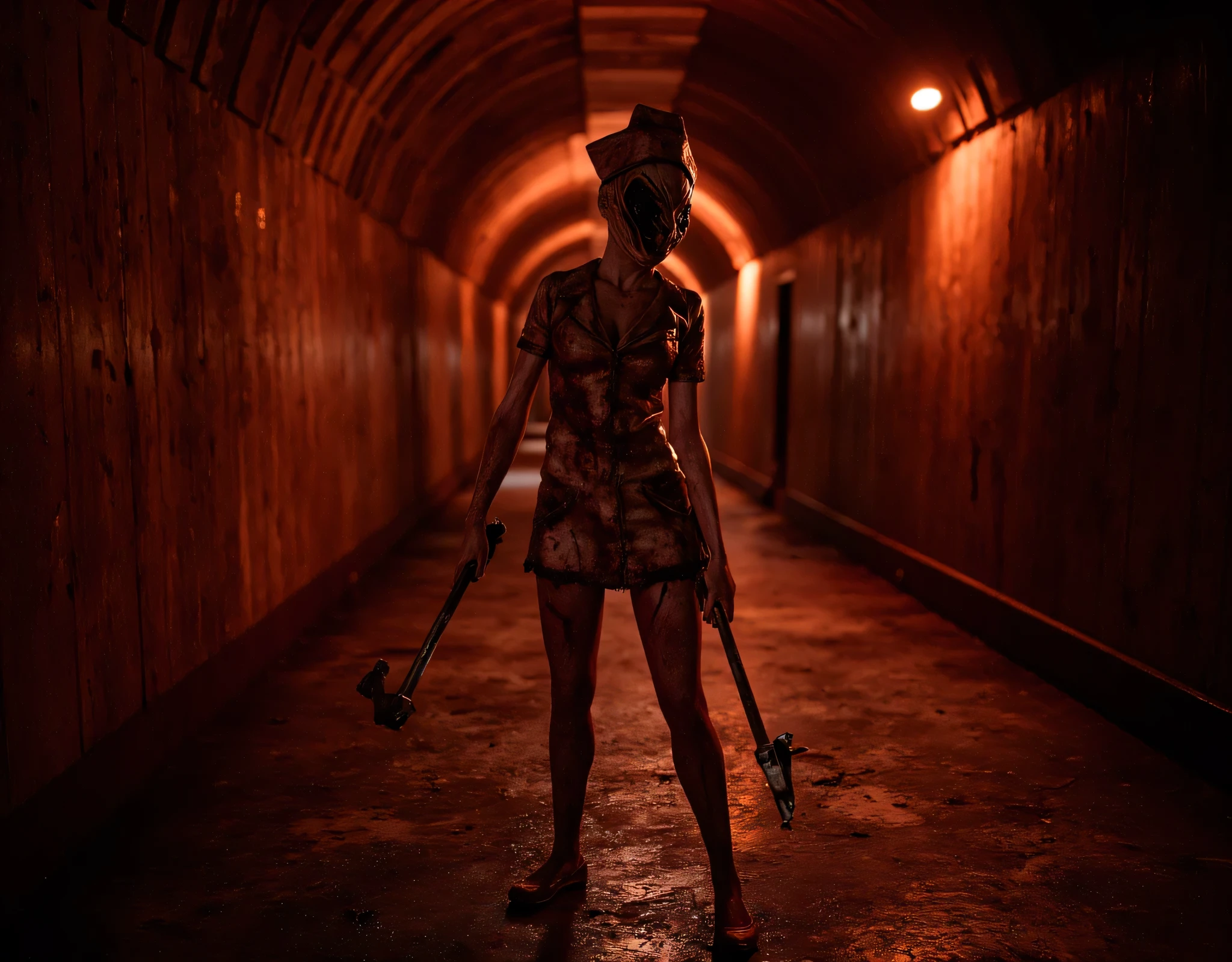 **Prompt:** Create a hyperrealistic digital artwork depicting a chilling nightmarish vision inside a dark, rust-covered iron corridor. The focal point of the composition features a zombie-like curvy shape female nurse, her blood-stained uniform tattered and haunting, as she haunts stood menancingly in the middle of rusty corridor holding an iron rusty pipe that glints ominously in the subdued low-key light. Employ a wide panoramic camera angle to accentuate the oppressive atmosphere, showcasing intricate textures and details, evoking the unsettling vibe of the Silent Hill and 'jacob's ladder' universe. Use harsh reddish vibe that casts menacing shadows, enhancing the horror aesthetic with stark contrasts against the rusty backdrop. The final render should utilize octane 3D techniques to achieve a breathtaking level of detail and depth of field, achieving a RAW photographic quality that encapsulates both the terror and unsettling beauty of this macabre moment. Let the scene pull viewers deeper into its surreal and horrifying ambiance.