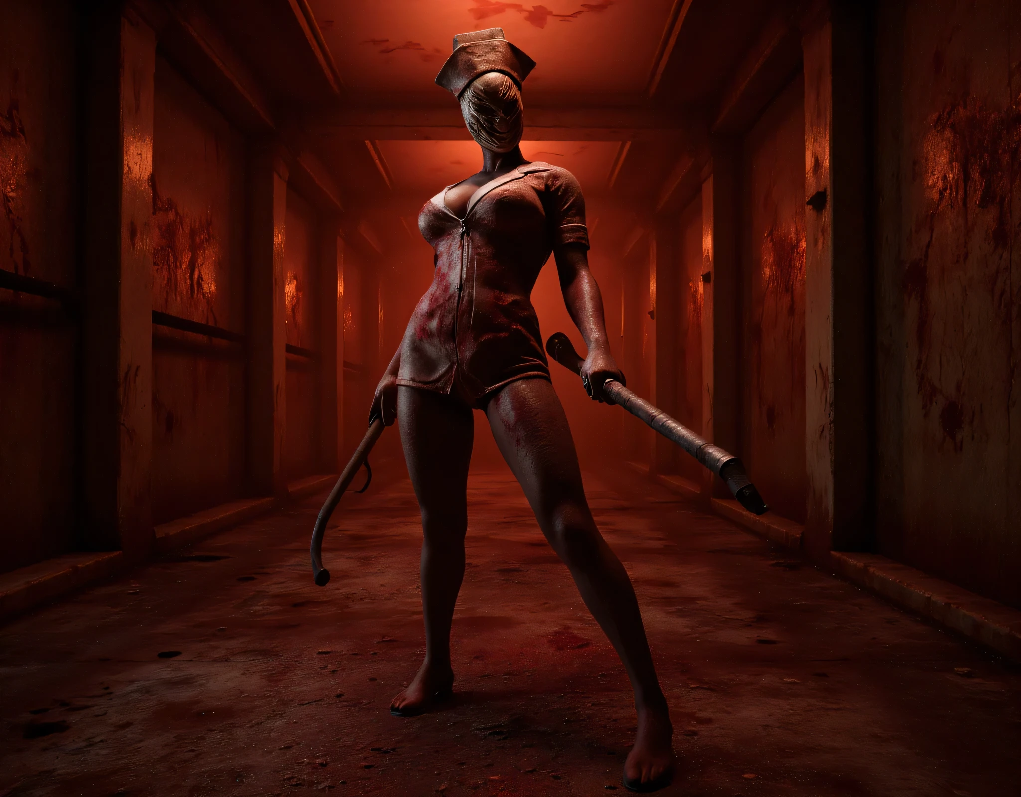 **Prompt:** Create a hyperrealistic digital artwork depicting a chilling nightmarish vision inside a dark, rust-covered iron corridor. The focal point of the composition features a zombie-like curvy shape female nurse, her blood-stained uniform tattered and haunting, as she haunts stood menancingly in the middle of rusty corridor holding an iron rusty pipe that glints ominously in the subdued low-key light. Employ a wide panoramic camera angle to accentuate the oppressive atmosphere, showcasing intricate textures and details, evoking the unsettling vibe of the Silent Hill and 'jacob's ladder' universe. Use harsh reddish vibe that casts menacing shadows, enhancing the horror aesthetic with stark contrasts against the rusty backdrop. The final render should utilize octane 3D techniques to achieve a breathtaking level of detail and depth of field, achieving a RAW photographic quality that encapsulates both the terror and unsettling beauty of this macabre moment. Let the scene pull viewers deeper into its surreal and horrifying ambiance.