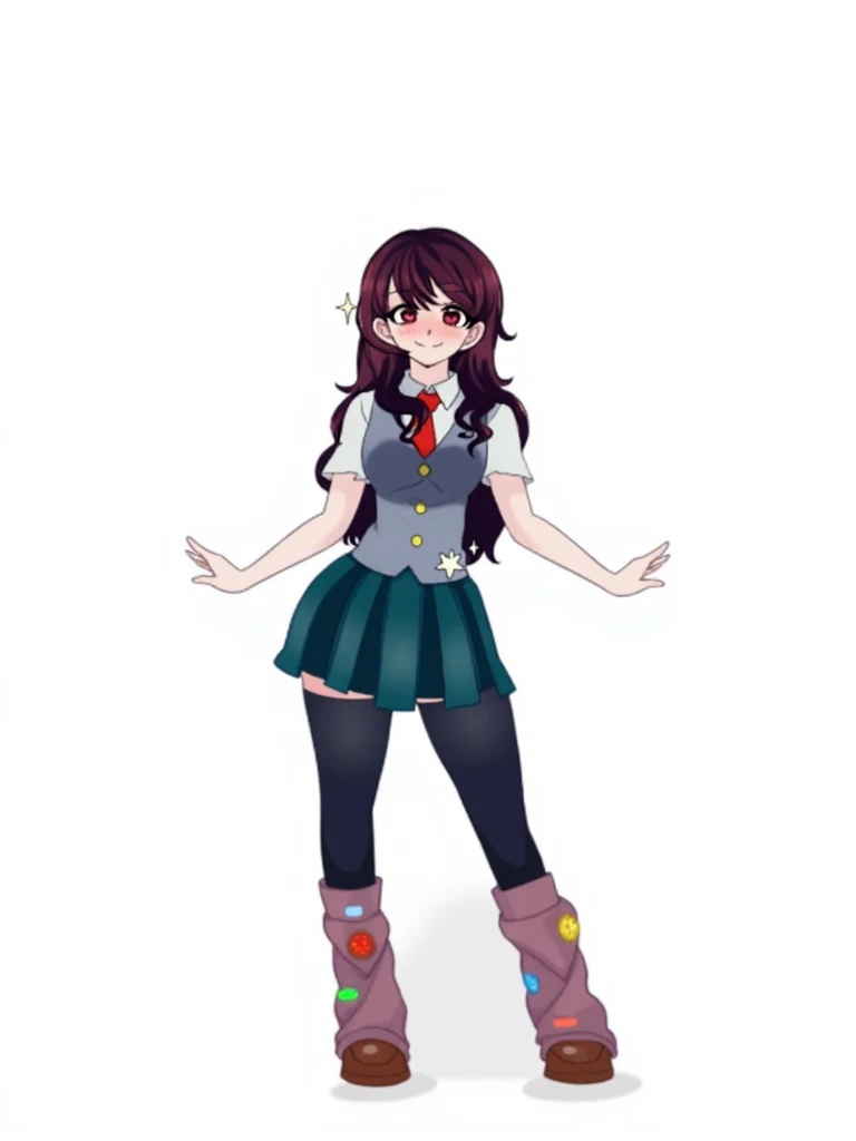Create an anime style girl with a white t-shirt under a light green jacket with orange and pink sleeves, short purple and yellow skirt, with a blue and red scarf,with long black and white stockings, with a pastel red boot and a dark purple shoe, with hair in long pigtails half blue and half brown 