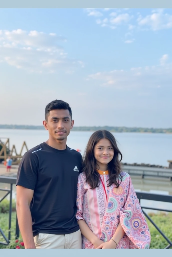 A tall boy smiling and wearing ash tshirt and off white linen pant and a girl with black straight hair wearing pink pakistani shalwar top wearing watch on her right hand. Boy grabing girl neck. Behind of them there is a tree, sunset, street view