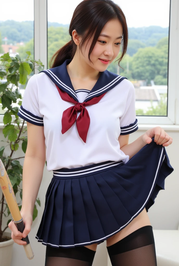 grab the hem(masterpiece,highest quality,ultra high resolution),Japanese girl, ponytail:1.1,twin tailsが魅力的:1.05,very beautiful 10 year old girl）,Naïve girl、(perfect limbs、perfect ???????),(junior high school sailor suit:1.3) ,、 (strong wind, Blowing clothes and skirts:1.6),ponytail:1.3,twin tails,surprisingly cute 、Wearing Japanese 、Japanese 、surreal 、dressed like a high school girl、surreal 、wearing a uniform、girl in uniform、wearing a uniform、 temporarily stop、Full body Esbian、nice skin、glowing skin、nice thighs、Shining thighs、shining legs、black high socks above the knee、Japanese high school 、beautiful skin、Moist eyes、brown shiny hair、Colors and landscapes of youth、feeling of love, embarrassing smile, go to school, morning, thin, Wet,(((lift up the skirt)))、camel toe、She is a very cute girl with a young face.、(若者の完璧でbeautiful skin :1.2)、thin body,thin legs,立ち姿で紺色のプリーツスカートのgrab the hem持ち上げる,very small face,from below、(((Girl with a very young face :1.3)))
