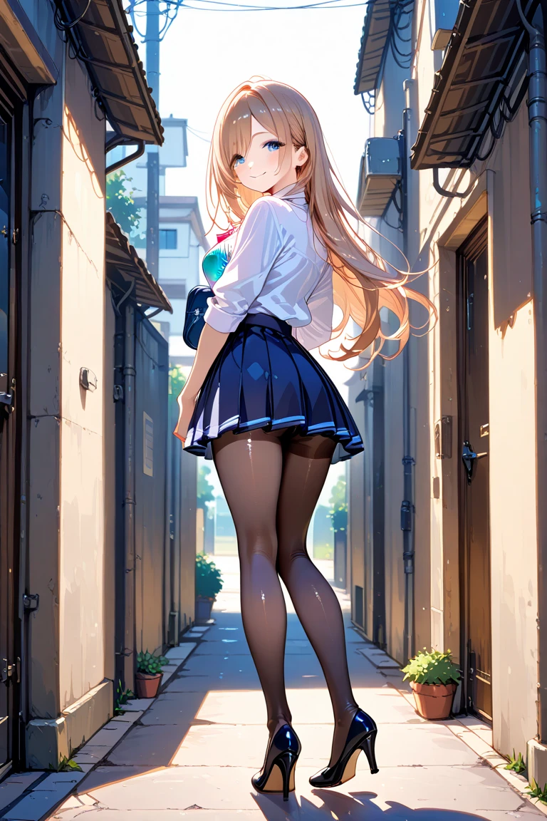 1girl,masterpiece,best quality,blonde hair,(dual short ponytails),blue eyes,(white stockings),(light blue plaid skirt),standing,in full length,medium breasts,white t shirt,in front of streets,extremely detailed,[[realistic]],beautiful alluring anime teen,seductive anime girl,slim body