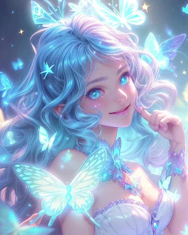fairy, fantasy art, love, cute smile, cloud, heaven, light, glitter, crystal, happiness --auto --s2