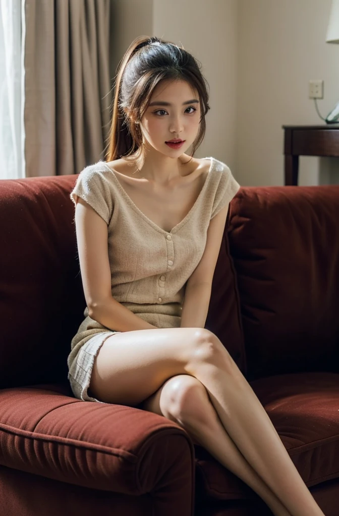 1girl,sitting on a cozy couch,crossing legs,soft light, open shirt