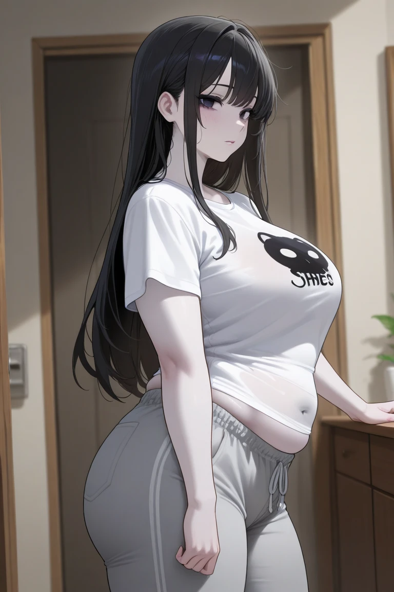 Cute mom,mature women, realistic skin,perfect ,black hair, long hair, (hair over one eye:1.4), messy hair, hair between eyes, transparan camisole, chubby,plump,fat,dense pubic hair, extreme pubic hair, Sexy lips, pucker lips,cute shy blush on