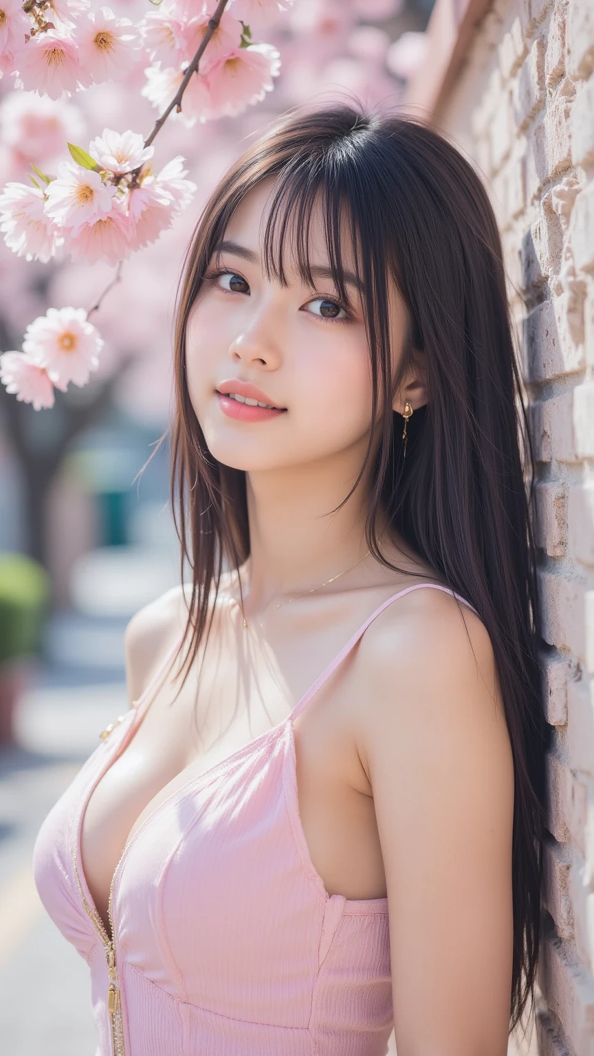 (A logo、masterpiece、8K、masutepiece、Raw photo、Fantastic、Best Quality、Photorealistic and ighly detailed CG integrated 8k wallpaper、hightquality、ighly detailed、epic poem、Particle effect、Dynamic effects、depth of fields、Cinematic Light、Lens Flare、Ray tracing)、Fantasia、 (Beauty 1 person、doress、Dress、Cherry blossom pattern、A dark-haired、Beautiful face、Real Face、beautiful details eyes beautiful skin)、my hair dances in the wind、Hair flutters in the wind、Hair jumps、Pink cherry blossom tree、Petals flutter、Sakura blizzard、Superb view、morning glow、Sun in the background、the wind、