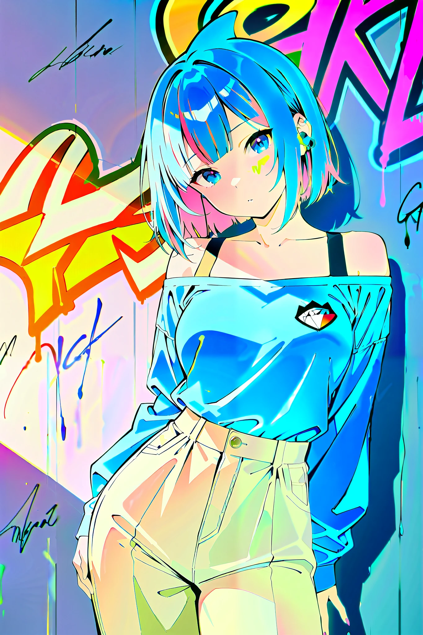 style-paintmagic, masterpiece, Highest quality、Extremely Detailed CG Uniform 8K Wallpaper, A Fashion Girl , alone, Off-the-shoulder jacket, Khaki pants, Shark Cap, (Graffiti: 1.5), paint splash , Paint dripping, Arms behind, leaning against a wall, Watching the audience, Paints On Her Body, Head tilt, Look away at , Colored hair, earphone,