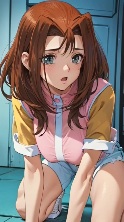 1 Female,High definition,high resolution,Ultra-realistic,8K, serenitydm,long hair,brown hair,pink shirt,blue shorts,grey eyes,blue sneakers,European,sexy,Upper body close-up,Photographed from the front,Dynamic Angles,blush, huge tits , nipples ,show tits ,(upper body), perfect face, perfect eyes,sitting,top view