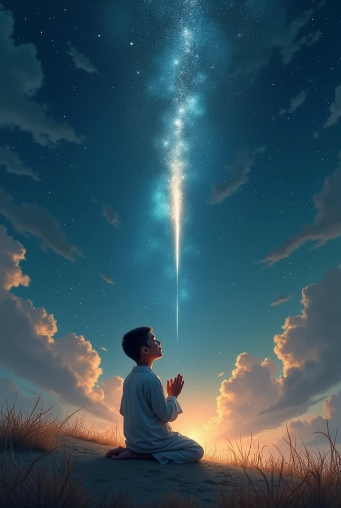 Child in robes kneeling crying looking at the animated sky 