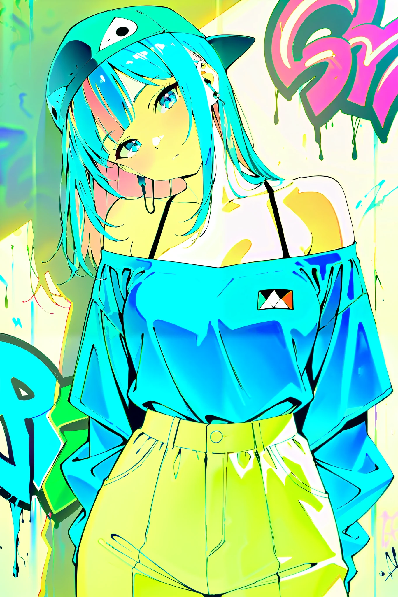 style-paintmagic, masterpiece, Highest quality、Extremely Detailed CG Uniform 8K Wallpaper, A Fashion Girl , alone, Off-the-shoulder jacket, Khaki pants, Shark Cap, (Graffiti: 1.5), paint splash , Paint dripping, Arms behind, leaning against a wall, Watching the audience, Paints On Her Body, Head tilt, Look away at , Colored hair, earphone,