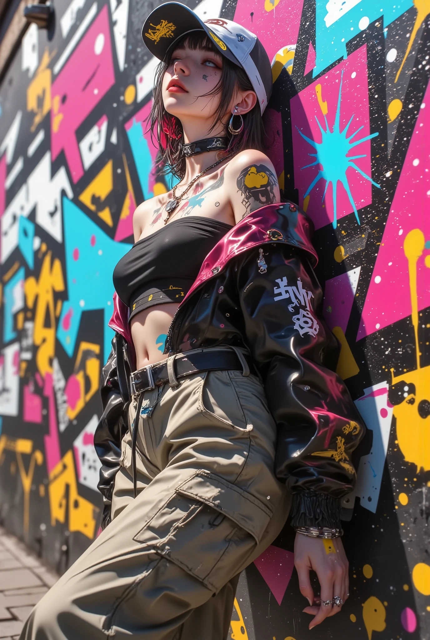 style-paintmagic, masterpiece, Highest quality、Extremely Detailed CG Uniform 8K Wallpaper, A Fashion Girl , alone, Off-the-shoulder jacket, Khaki pants, Shark Cap, (Graffiti: 1.5), paint splash , Paint dripping, Arms behind, leaning against a wall, Watching the audience, Paints On Her Body, Head tilt, Look away at , Colored hair, earphone,