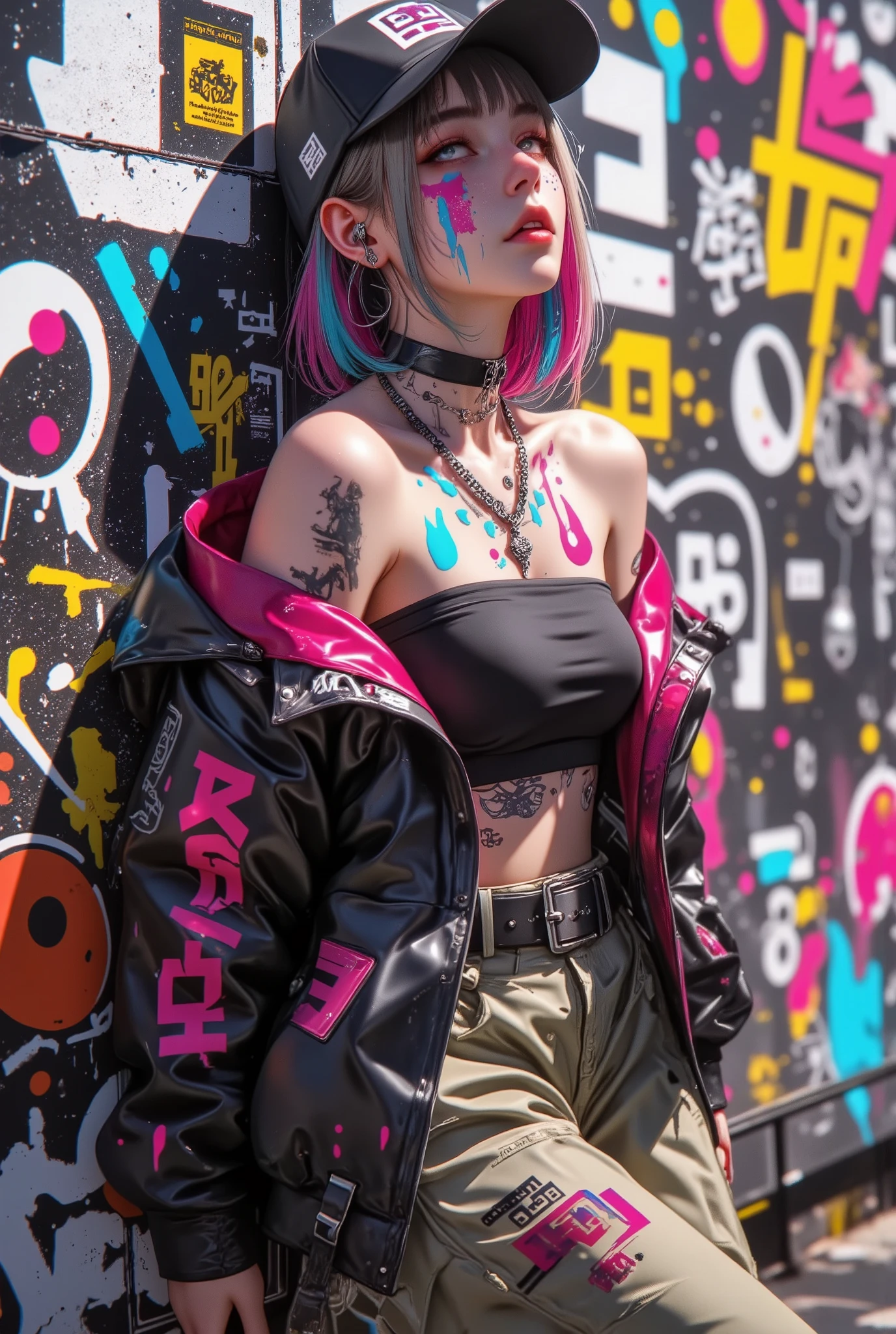 style-paintmagic, masterpiece, Highest quality、Extremely Detailed CG Uniform 8K Wallpaper, A Fashion Girl , alone, Off-the-shoulder jacket, Khaki pants, Shark Cap, (Graffiti: 1.5), paint splash , Paint dripping, Arms behind, leaning against a wall, Watching the audience, Paints On Her Body, Head tilt, Look away at , Colored hair, earphone,