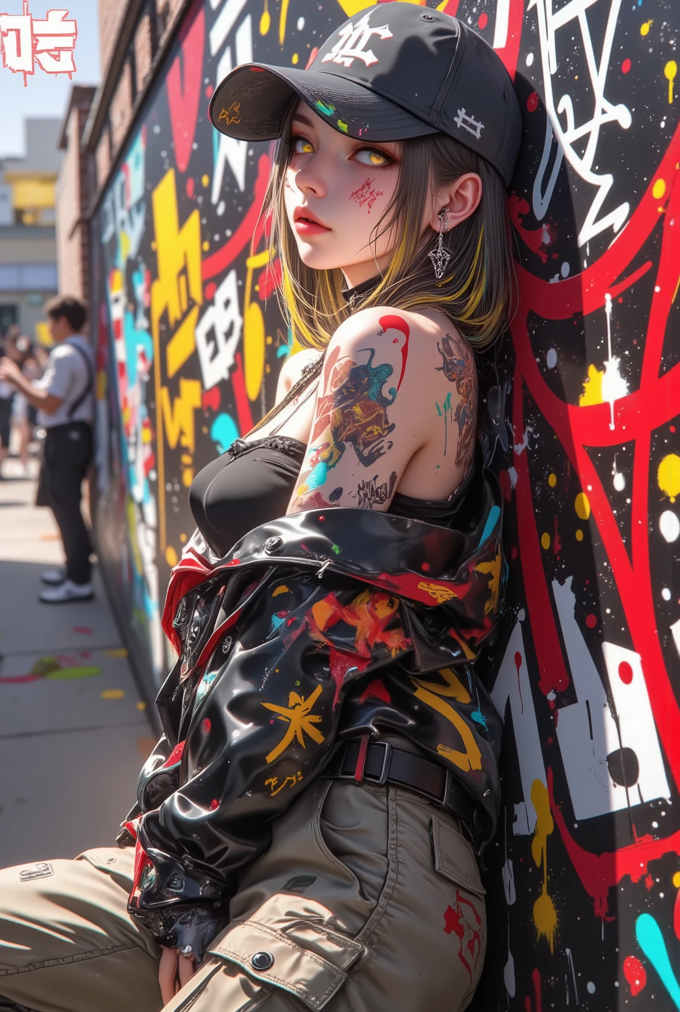 style-paintmagic, masterpiece, Highest quality、Extremely Detailed CG Uniform 8K Wallpaper, A Fashion Girl , alone, Off-the-shoulder jacket, Khaki pants, Shark Cap, (Graffiti: 1.5), paint splash , Paint dripping, Arms behind, leaning against a wall, Watching the audience, Paints On Her Body, Head tilt, Look away at , Colored hair, earphone,