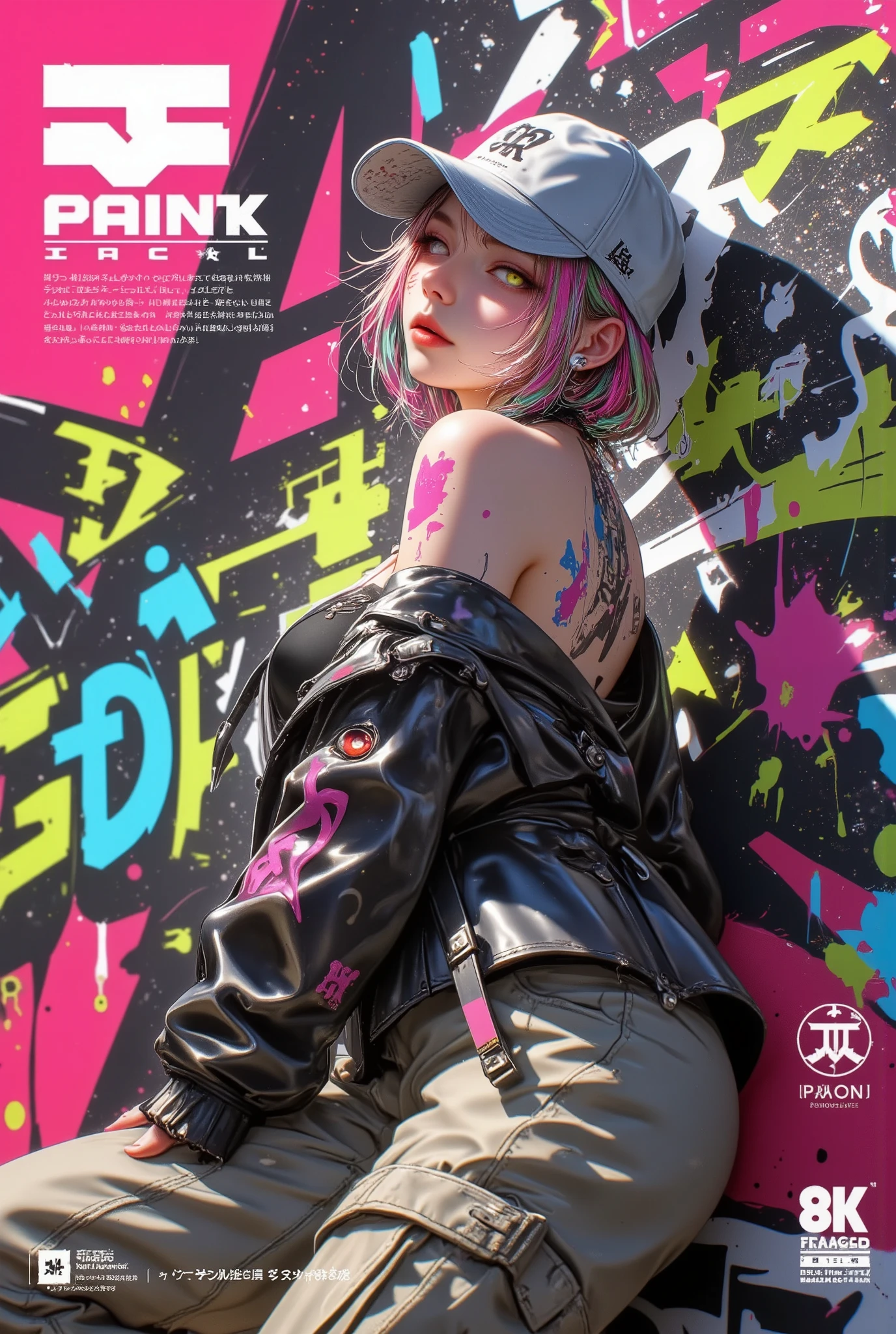 style-paintmagic, masterpiece, Highest quality、Extremely Detailed CG Uniform 8K Wallpaper, A Fashion Girl , alone, Off-the-shoulder jacket, Khaki pants, Shark Cap, (Graffiti: 1.5), paint splash , Paint dripping, Arms behind, leaning against a wall, Watching the audience, Paints On Her Body, Head tilt, Look away at , Colored hair, earphone,
