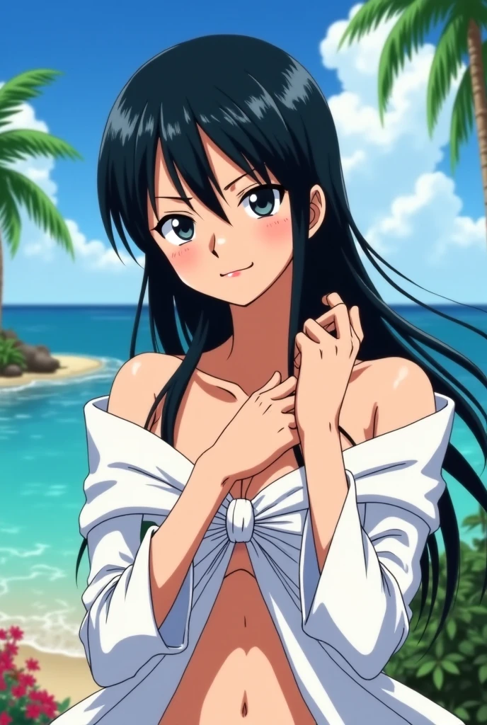 1 girl, (((masterpiece))), highest quality, highest quality, advanced details, nakano azusa, 1 girl, smile, twin tails, hair length, black haired, brown eyes, alone, blush, (pink ruffle bikini:1.3), complex and detailed, (written boundary depth), (masterpiece), (highest quality), (Super detailed), (enlightenment), (Take-out), sit on a chair, (eat shaved ice:1.2), beach house, outdoors