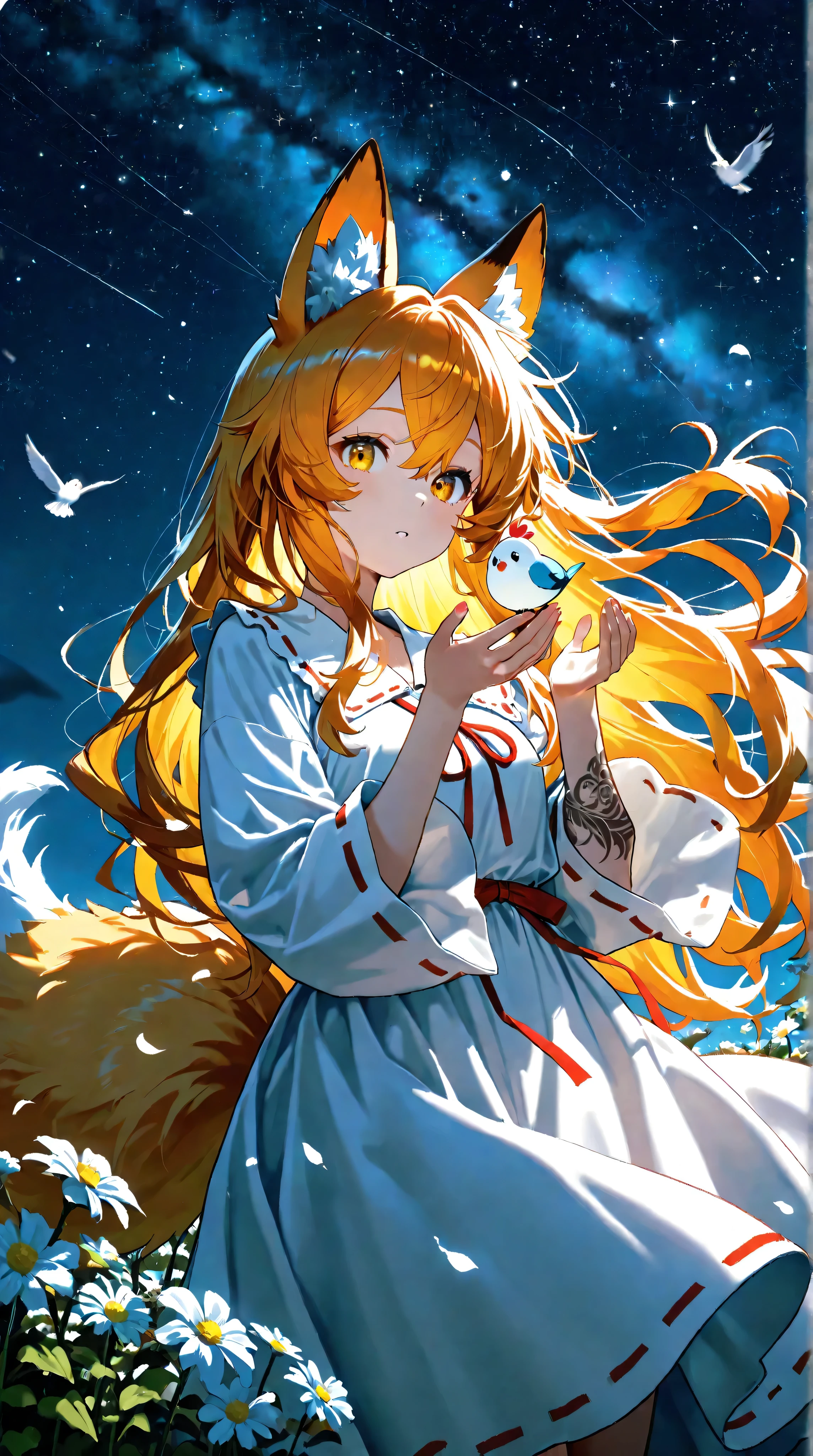 1个Giant Breast Girl, the moon, That bird, As stars_\(sky sky\), long_the hair, Starry_Skysky, ((The white_the hair))), Small animals, Wide_the sleeve, naturally, Flowers, the night_Skysky, hugtremely_ long_the hair, full_the moon, looking at_Show on the_peeping at the viewer, ribbonanicured, Ribbon trimmed_the sleeve, long_the sleeve, a skirt, Red_The eye, solo, japanes_The clothes ar, sky sky,((middling)), ((Tattoos are))), fox ear, fox tails, girl fox,