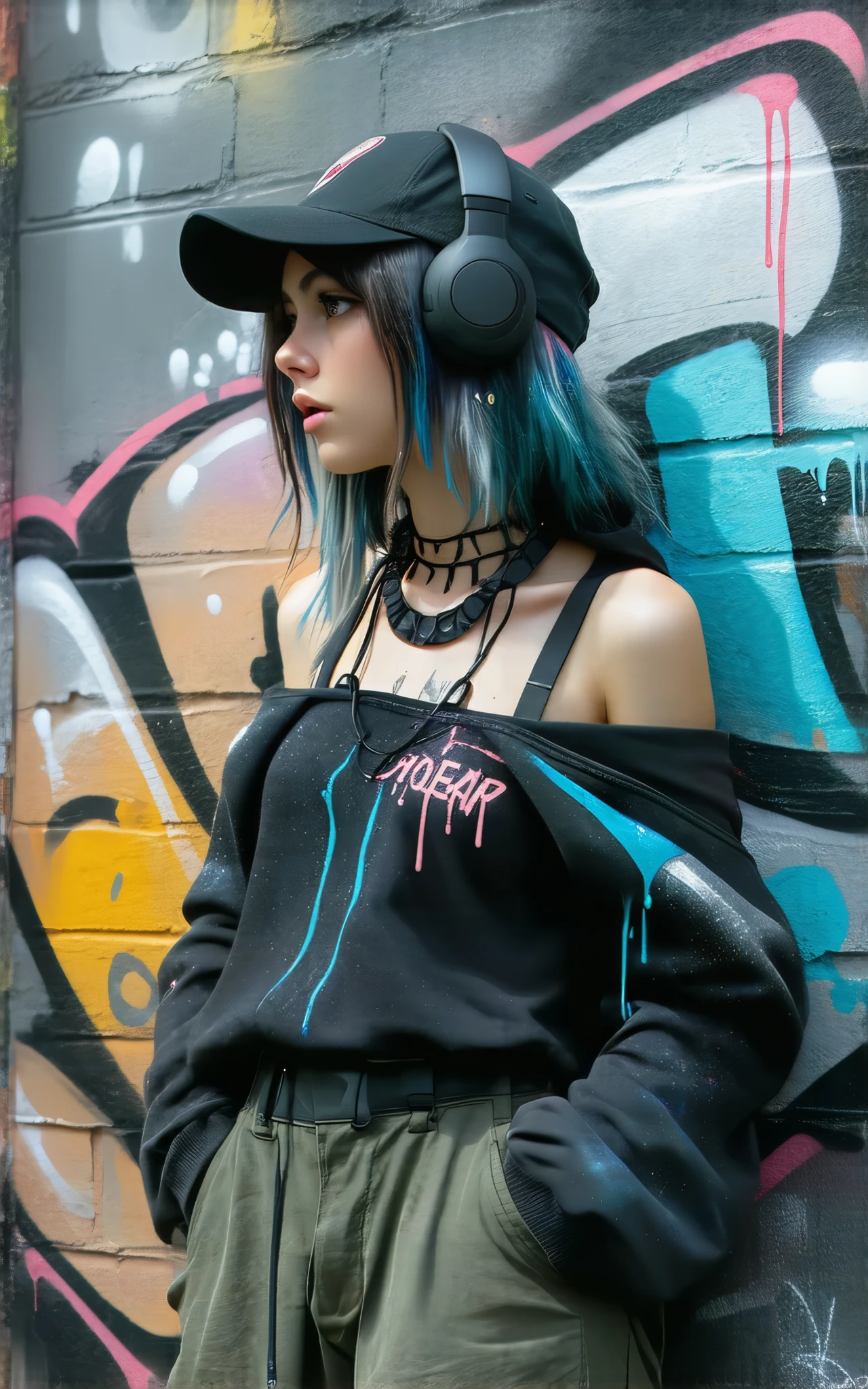 style-paintmagic, masterpiece, Highest quality、Extremely Detailed CG Uniform 8K Wallpaper, A Fashion Girl , alone, Off-the-shoulder jacket, Khaki pants, Shark Cap, (Graffiti: 1.5), paint splash , Paint dripping, Arms behind, leaning against a wall, Watching the audience, Paints On Her Body, Head tilt, Look away at , Colored hair, earphone,