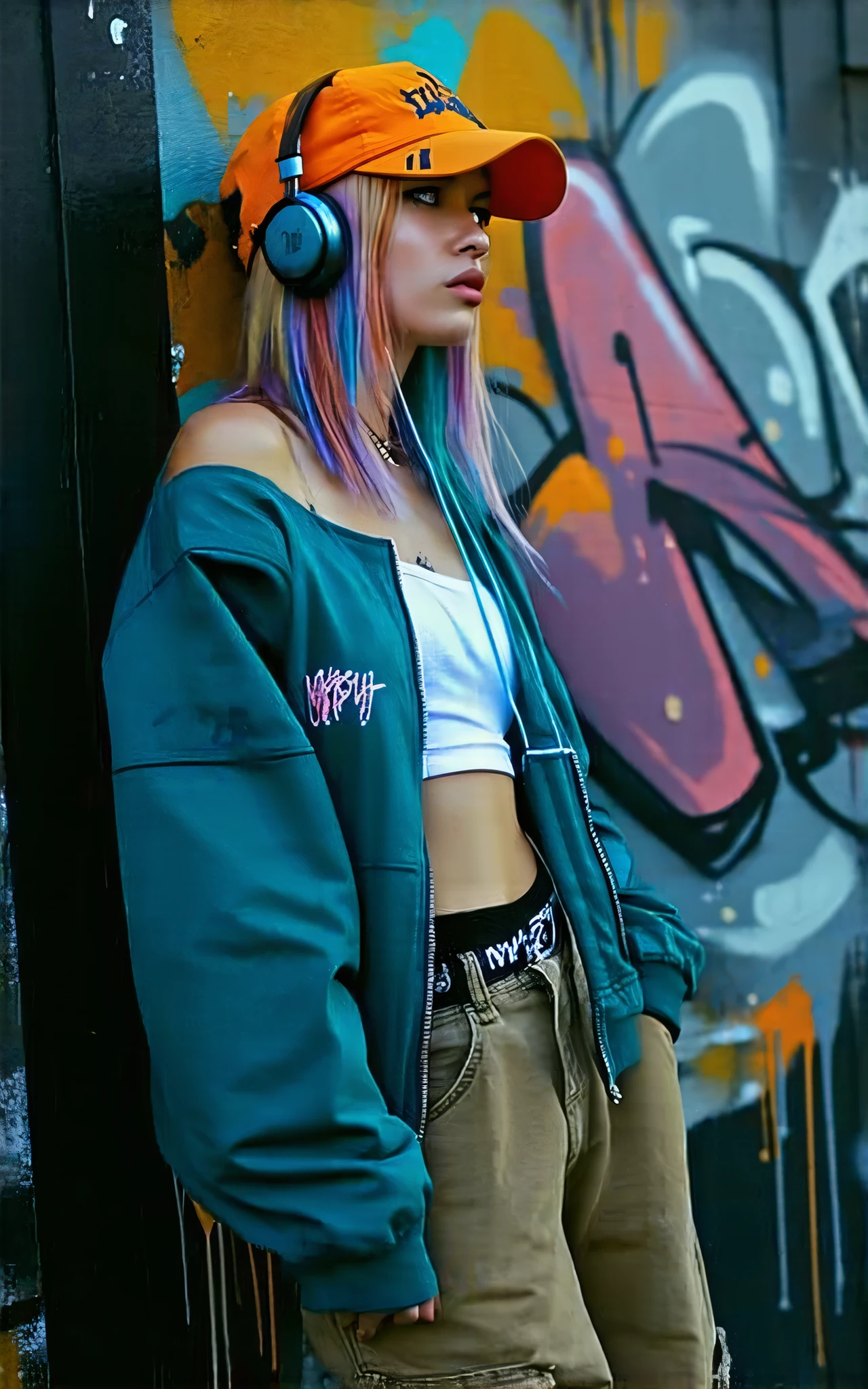 style-paintmagic, masterpiece, Highest quality、Extremely Detailed CG Uniform 8K Wallpaper, A Fashion Girl , alone, Off-the-shoulder jacket, Khaki pants, Shark Cap, (Graffiti: 1.5), paint splash , Paint dripping, Arms behind, leaning against a wall, Watching the audience, Paints On Her Body, Head tilt, Look away at , Colored hair, earphone,