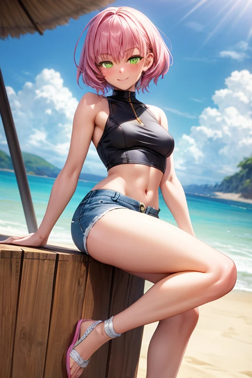 Anime girl in a bikini sitting on the beach with a red hair, silver bikini, Rei Ayanami, Realistic bikini, mulher de cabelo vermelho curto, menina anime sedutora, [ Arte Digital 4K ]!!, anime golden water wallpaper, Ayanami, roupa de banho, | Anime de detalhes finos, Arte Digital Anime, Arte Digital Anime detalhada, salto alto preto, sorrindo, olho verde claro, batom vermelho escuro, de quatro, rosto de uma americana --auto