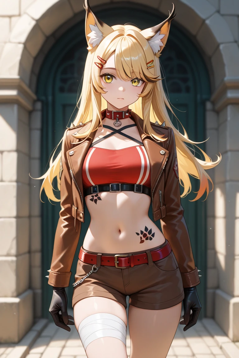 young girl, longue blonde hair, high ponytail, cat ears, violet eyes, red leather jacket, briefs, open belly, open breasts, tattoo, Scars, smirk, cigarette, Masterpiece, hiquality