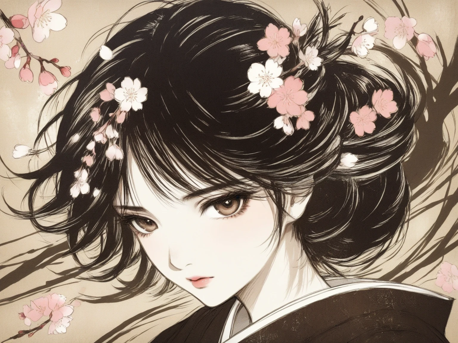 pop art、 digital artwork 、draw with brown ink on white paper、 Woman in a Hakama 、 White and brown brushstrokes 、  melancholy expression、upper body、Thin slant 、very detailed and dynamic、 express shadows with precise lines  、Delicate and accurate expression、Cherry blossoms fluttering in the background、modern art、Stroke Style, dark sepia filter、Yotaku Amano