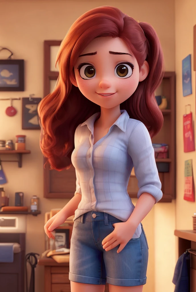 ((Best quality)), ((Masterpiece)), ((detailed)),((cinematic)), sexy young girl looking at the sunset, with long red hair, blue tight short, long-sleeved white shirt, red lips, with a beautiful body, in a modern house