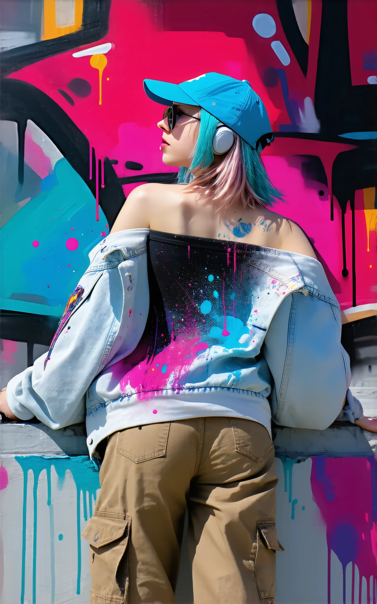 style-paintmagic， masterpiece, Highest quality、Extremely Detailed CG Uniform 8K Wallpaper,  A Fashion Girl  , alone, Off-the-shoulder jacket, Khaki pants, Shark Cap, (Graffiti: 1.5), paint splash , Paint dripping, Arms behind, leaning against a wall, Watching the audience,  Paints On Her Body, Head tilt, Look away at , Colored hair, earphone,