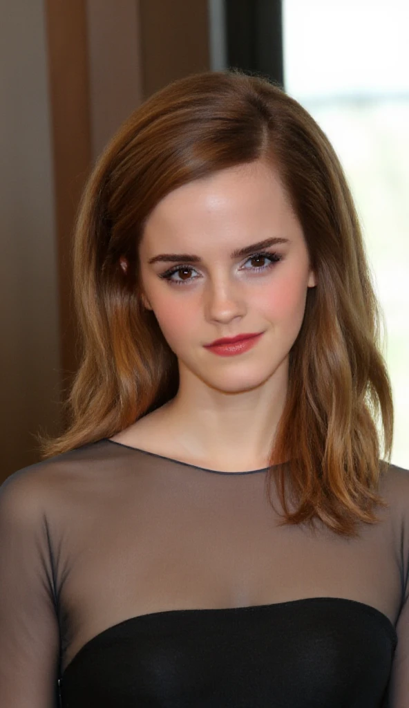 ((Emma Watson)) 18 years old, Blue Eyes, Big Breasts, Long Straight Hair,Red Slit Dress, Colorful pull, topless