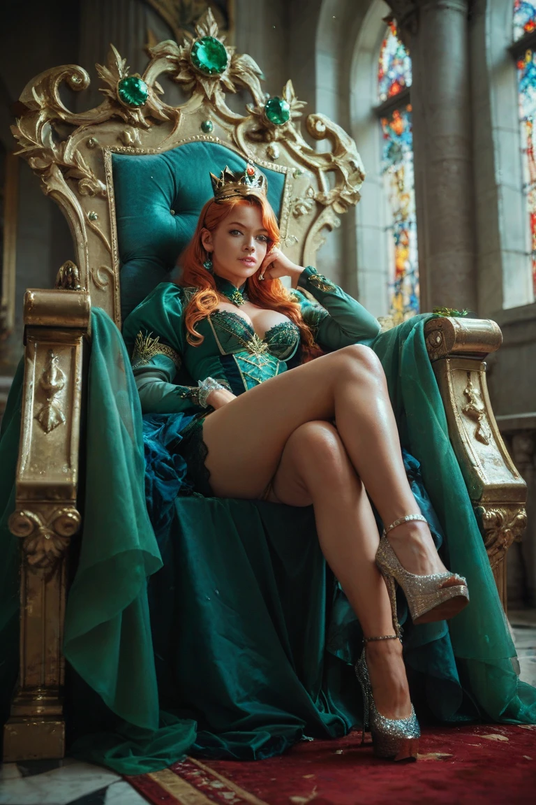 masterpiece, high quality, intricate details, cinematic photo queen Alicent, Alicent, ginger hair povblow (penis 1man) sexy large breasts, big hair, wavy hair, vagina, side shot, seductive, dark room candles throne, crown, green, realistic, best quality, highly detailed high saturation
