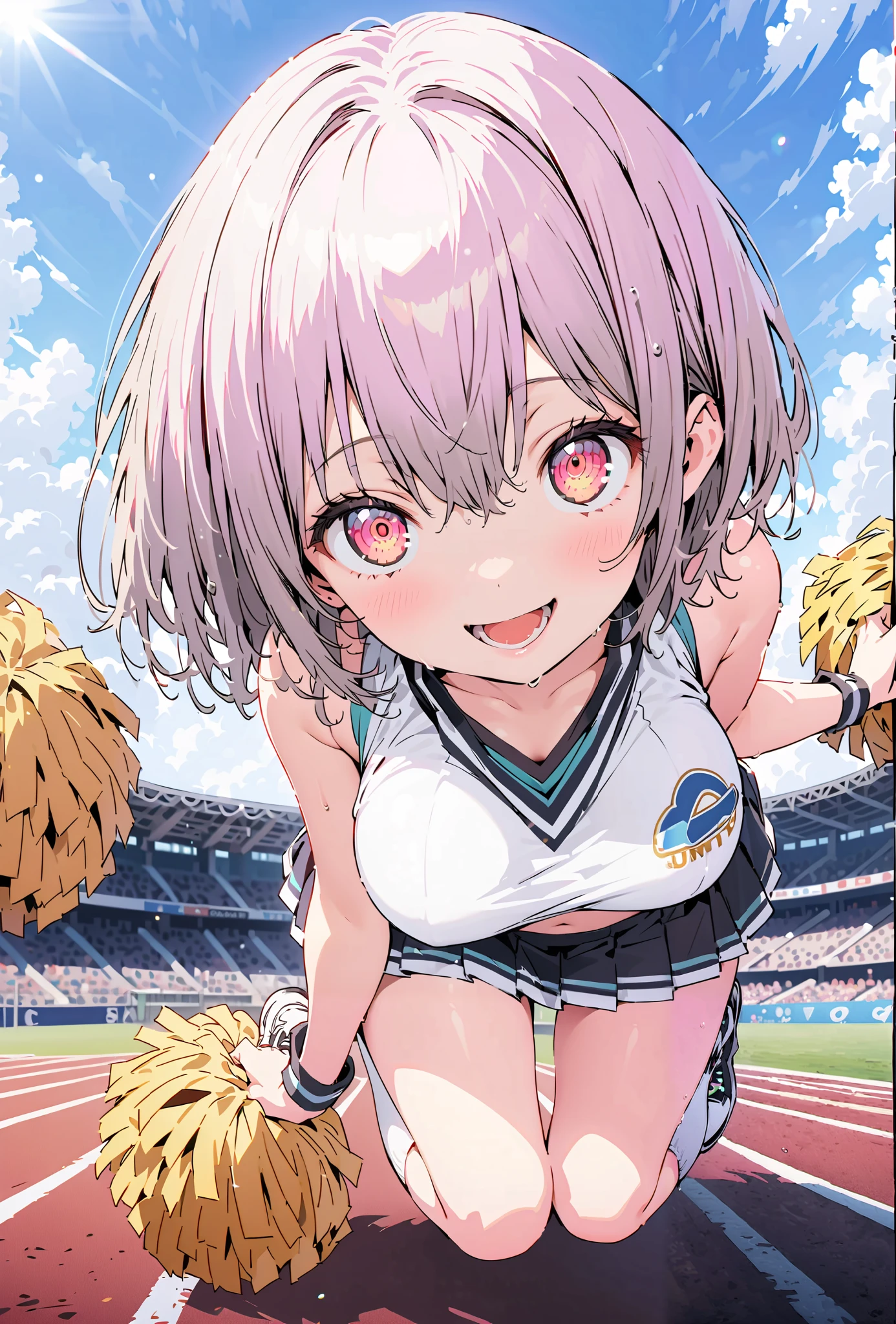 Red root heart ,solo, light purple hair, pink eyes, Glowing Skin,short hair,Big Breasts,smile,cover,opens her mouth,(Cheerleading), (full body), on chest, (sweated), sweated Wet Clothes, (white clothes),sleeveless, pleated skirt,White socks,sneakers with a ladyback letter, stomach button support , playground, (jump), (jump), 両足を曲げてjumpする,, blue sky, Compa,cheerleader, Pom-pom \(Cheerleading\) real hair ornaments,break outdoors,Stadium,
break looking at viewer,full body,
break (masterpiece:1.2), Top Quality, high resolution, Unity 8k 壁紙, (illustrations:0.8), (beautiful detailed eyes:1.6), very detailed face, so that it fits into the illustration, extremely detailed CG, full body写真,(perfect hand, perfect anatomy),