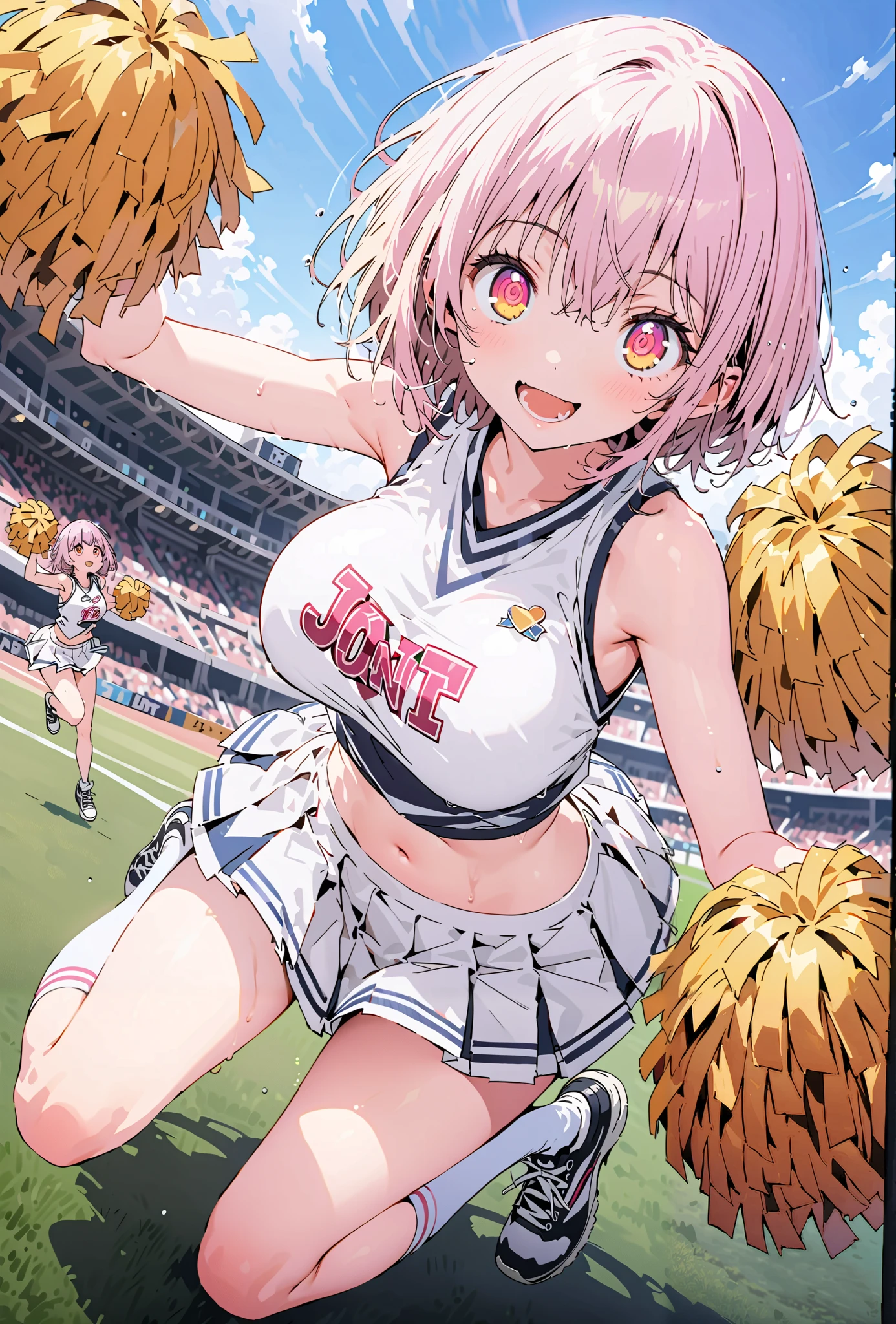 Red root heart ,solo, light purple hair, pink eyes, Glowing Skin,short hair,Big Breasts,smile,cover,opens her mouth,(Cheerleading), (full body), on chest, (sweated), sweated Wet Clothes, (white clothes),sleeveless, pleated skirt,White socks,sneakers with a ladyback letter, stomach button support , playground, (jump), (jump), 両足を曲げてjumpする,, blue sky, Compa,cheerleader, Pom-pom \(Cheerleading\) real hair ornaments,break outdoors,Stadium,
break looking at viewer,full body,
break (masterpiece:1.2), Top Quality, high resolution, Unity 8k 壁紙, (illustrations:0.8), (beautiful detailed eyes:1.6), very detailed face, so that it fits into the illustration, extremely detailed CG, full body写真,(perfect hand, perfect anatomy),