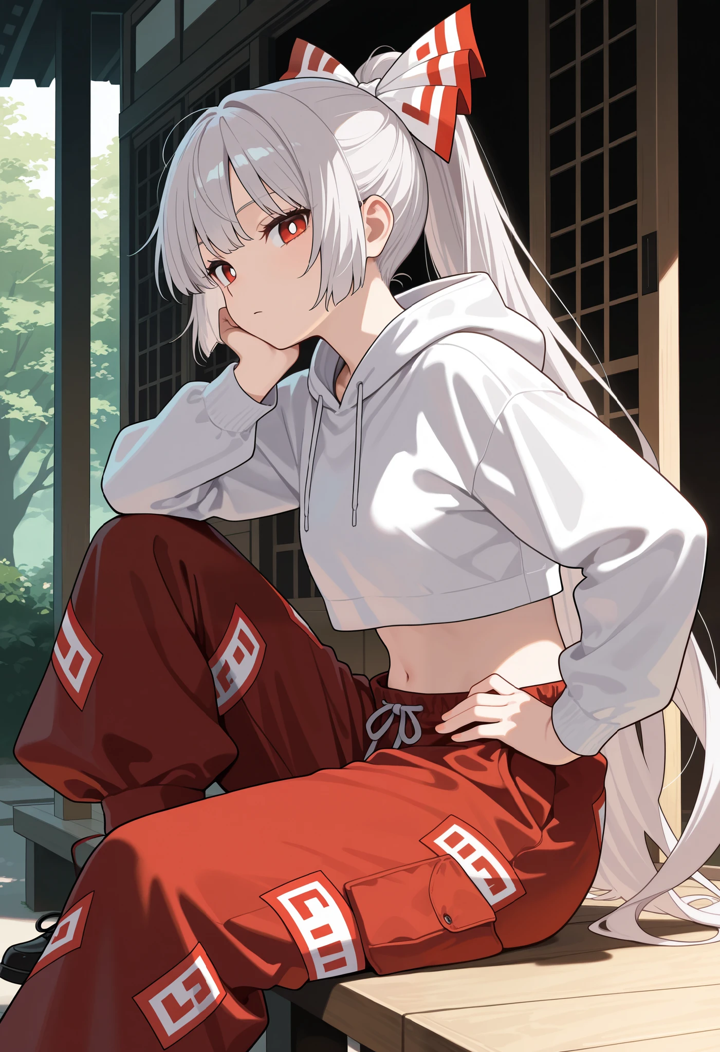 masterpiece, best quality, amazing quality, from side, 1girl, fujiwara no mokou, \(Touhou\), sitting, hand rest, looking at viewer, hand on own hip, alternate hairstyle, long hair, ponytail, bangs, white pupils, alternate costume, white hoodie, cropped hoodie, midriff, baggy pants, outdoors, hakurei shrine, dim lighting, highres, absurdres