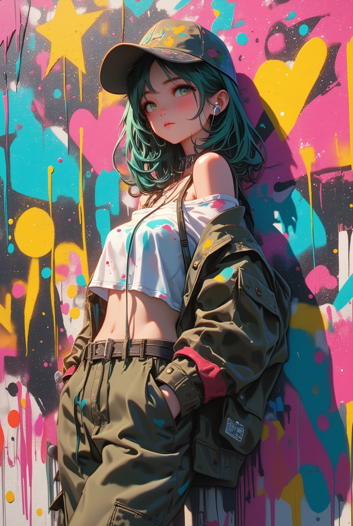 style-paintmagic， masterpiece, Highest quality、Extremely Detailed CG Uniform 8K Wallpaper,  A Fashion Girl  , alone, Off-the-shoulder jacket, Khaki pants, Shark Cap, (Graffiti: 1.5), paint splash , Paint dripping, Arms behind, leaning against a wall, Watching the audience,  Paints On Her Body, Head tilt, Look away at , Colored hair, earphone,