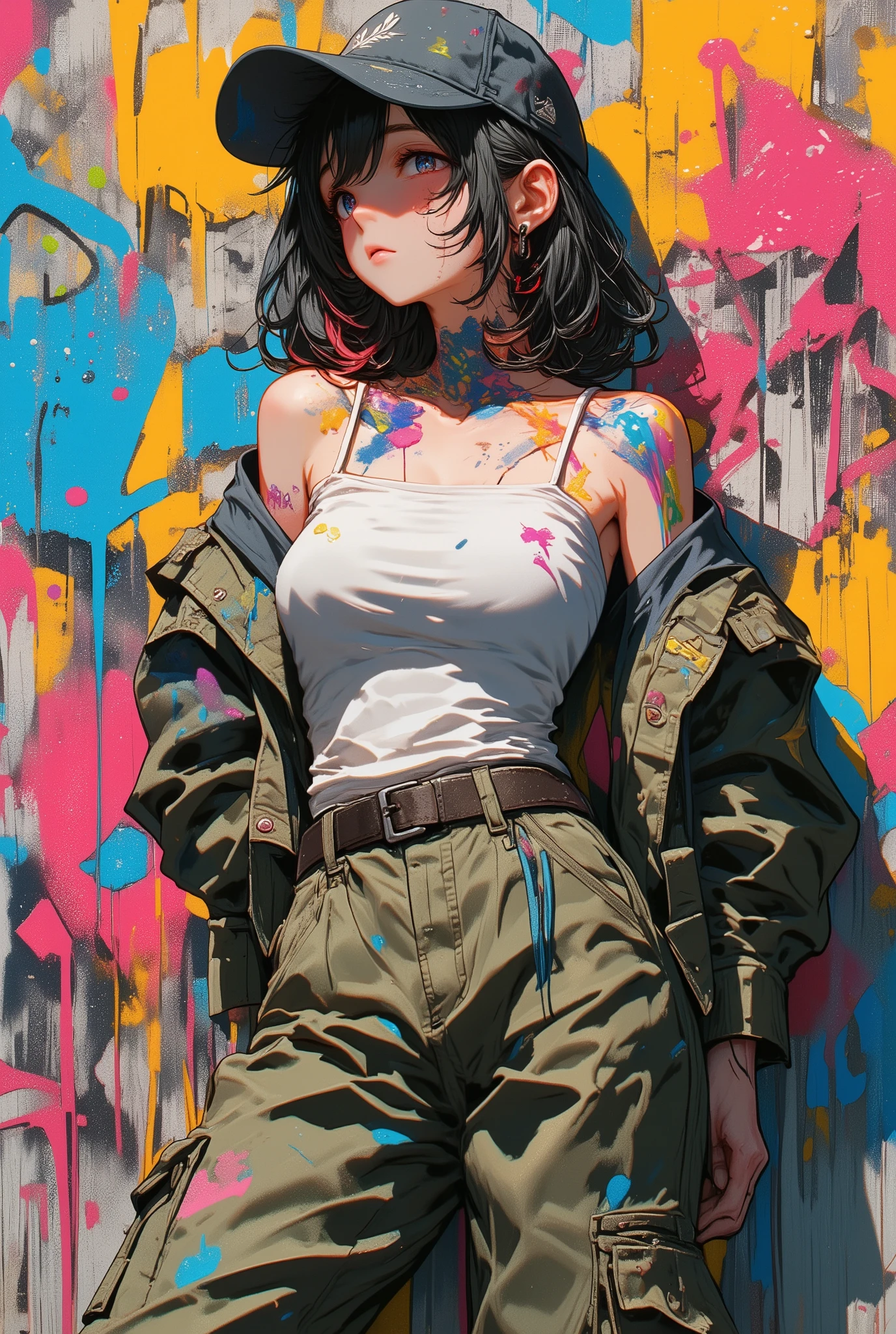style-paintmagic， masterpiece, Highest quality、Extremely Detailed CG Uniform 8K Wallpaper,  A Fashion Girl  , alone, Off-the-shoulder jacket, Khaki pants, Shark Cap, (Graffiti: 1.5), paint splash , Paint dripping, Arms behind, leaning against a wall, Watching the audience,  Paints On Her Body, Head tilt, Look away at , Colored hair, earphone,