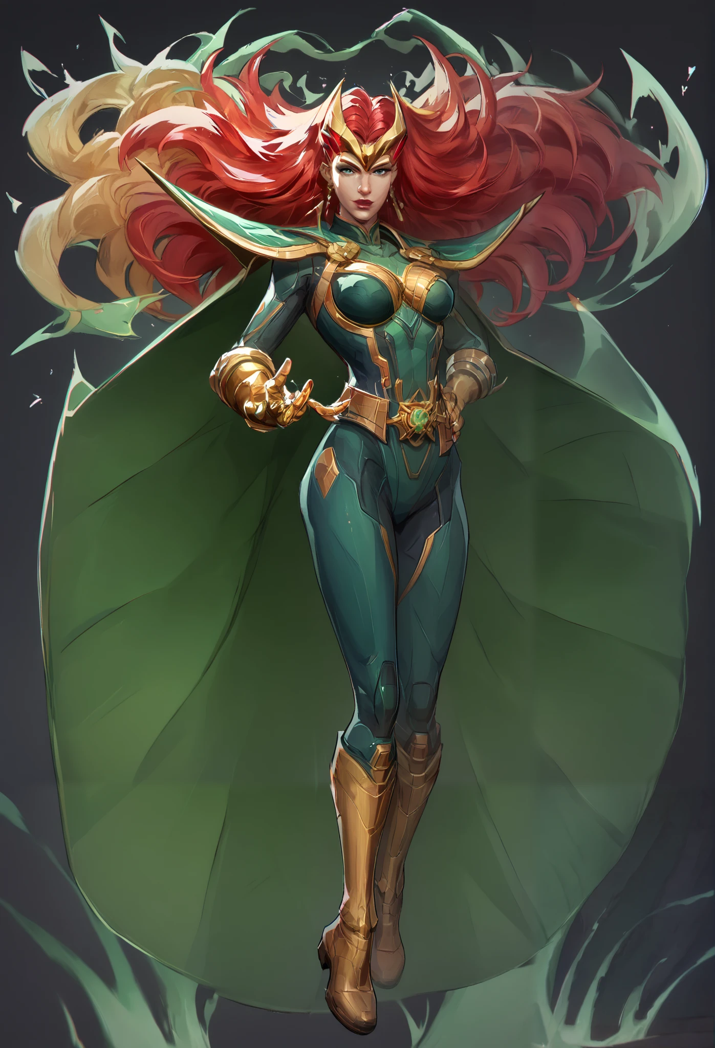 Jean Grey's appearance and costume are iconic, reflecting her role as a powerful mutant and a key member of the X-Men. Here's a detailed analysis:
- **Color Scheme:** Her classic costume is predominantly green and gold, symbolizing her connection to nature and her telepathic and telekinetic abilities.
- **Bodysuit:** A sleek, form-fitting green bodysuit that emphasizes her athletic build and agility.
- **Gold Accents:** Gold gloves, boots, and a sash around her waist add elegance and contrast to the green bodysuit.
- **Emblem:** A gold emblem on her chest, often shaped like a phoenix, represents her connection to the Phoenix Force.
- **Hair:** Vibrant red hair styled in loose waves, adding to her striking and dynamic appearance.
- **Cape:** In some versions, she wears a flowing cape that enhances her regal and powerful presence.