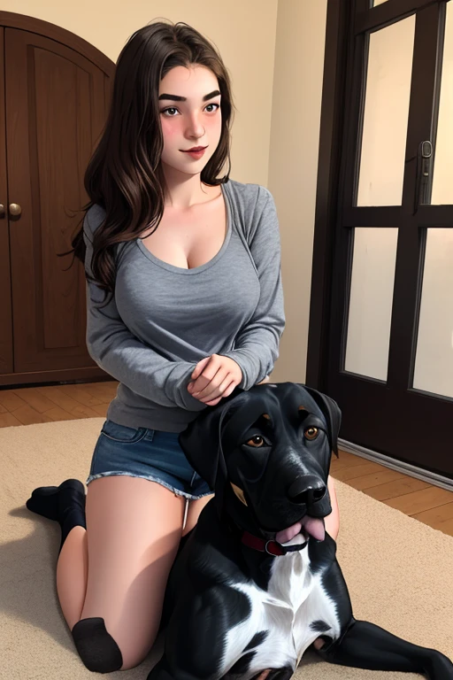 masterpiece、highest quality、realistic、A beautiful 30-year-old woman spreads her legs wide open in front of a very large brown dog with its tongue sticking out.、Completely naked、(naked 1.2)、beautiful breasts、((spread legs in front of dog))、upper body shot、short hair、(skin wet with white milk)、Bedroom、The sun rises