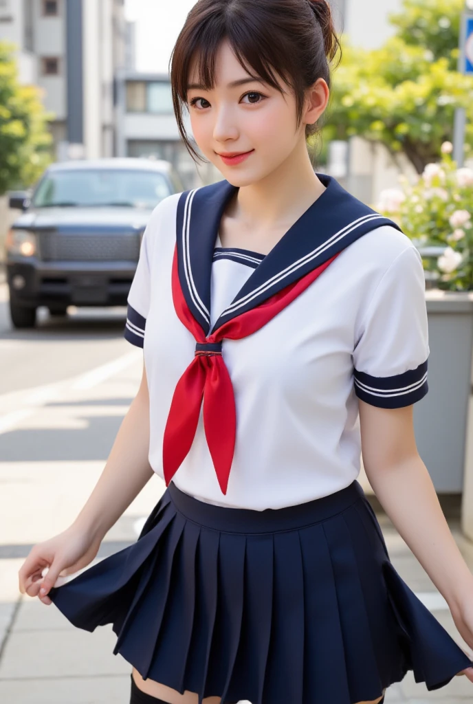 Big ass and big boobs teen girl in school uniform on the streets of Tokyo Japan