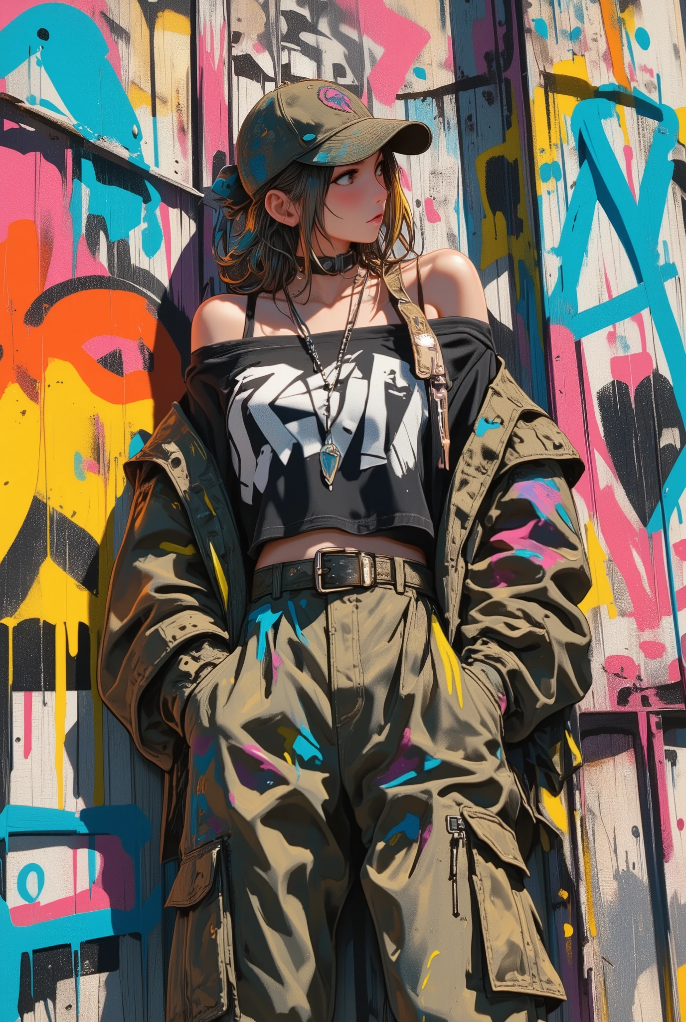 style-paintmagic， masterpiece, Highest quality、Extremely Detailed CG Uniform 8K Wallpaper,  A Fashion Girl  , alone, Off-the-shoulder jacket, Khaki pants, Shark Cap, (Graffiti: 1.5), paint splash , Paint dripping, Arms behind, leaning against a wall, Watching the audience,  Paints On Her Body, Head tilt, Look away at , Colored hair, earphone,