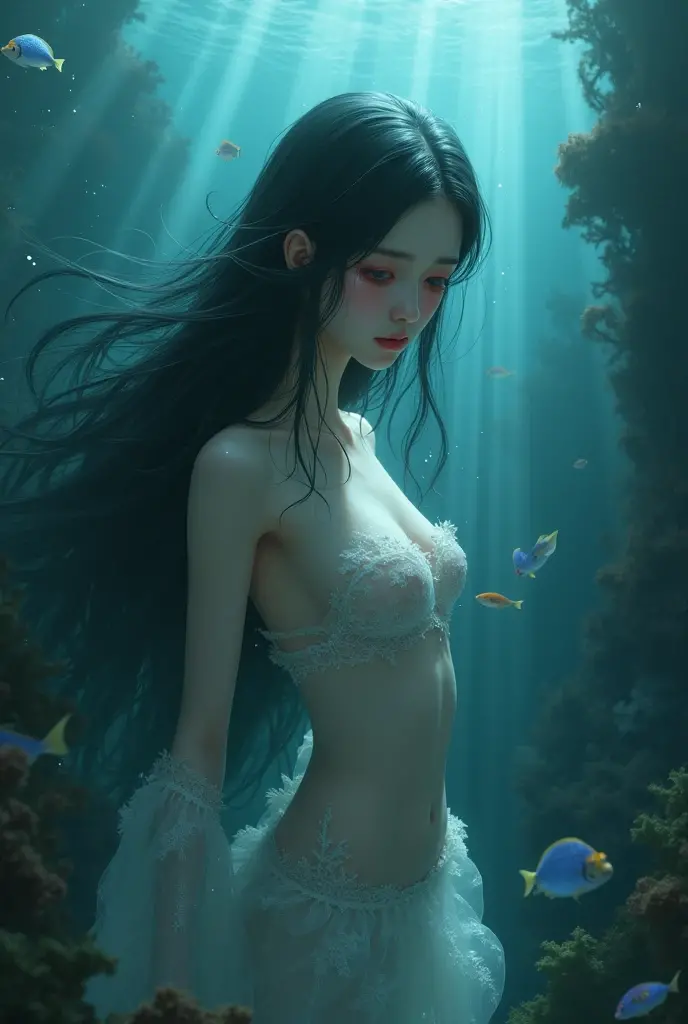 ((blue and navy color tone:1.3)), (Alicia Vikander:Little Caprice), 1girl, solo,jellyfish filling up the ocean, millions of jellyfish, a girl swimming ((naked)) in the deep ocean surrounded by jellyfish, ((jellyfish)), deep black ocean,under the sea,(photorealistic:1.4), official art, unity 8k wallpaper, ultra detailed, beautiful and aesthetic, masterpiece,best quality, (dynamic angle:1.4), glowing skin, (floating colorful sparkles:1) the most beautiful form of chaos, elegant, a brutalist designed, vivid colours, romanticism, ultra wide angle,