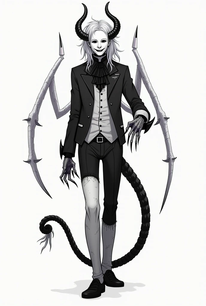 character, humanoid, horns all over the body, gray skin, ribbon on one of his shoulders, spikes in their hands, cotton pants with a ribbon at the waist, armor on your torso, Skinny body, anime, White background