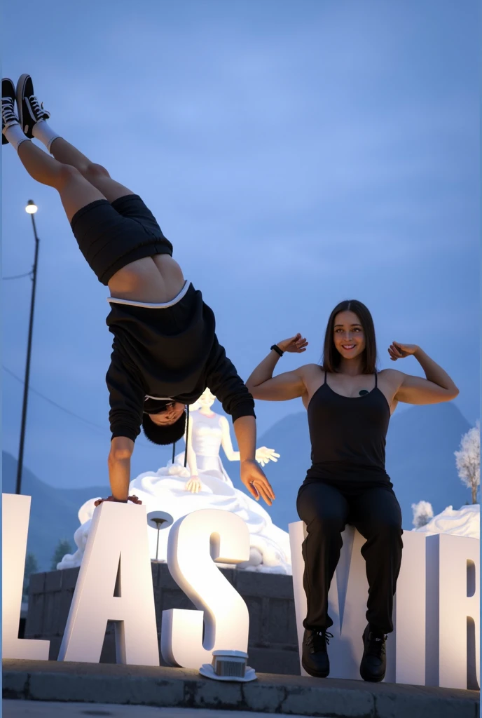 A strong and beautiful blonde girl, detailed face, long eyelashes, detailed eyes and lips, muscular build, carrying a man on her shoulder, man sitting on her shoulder, city skyline in the background, (best quality,4k,8k,highres,masterpiece:1.2),ultra-detailed,(realistic,photorealistic,photo-realistic:1.37),cinematic lighting, dramatic shadows, vibrant colors, fantasy, concept art