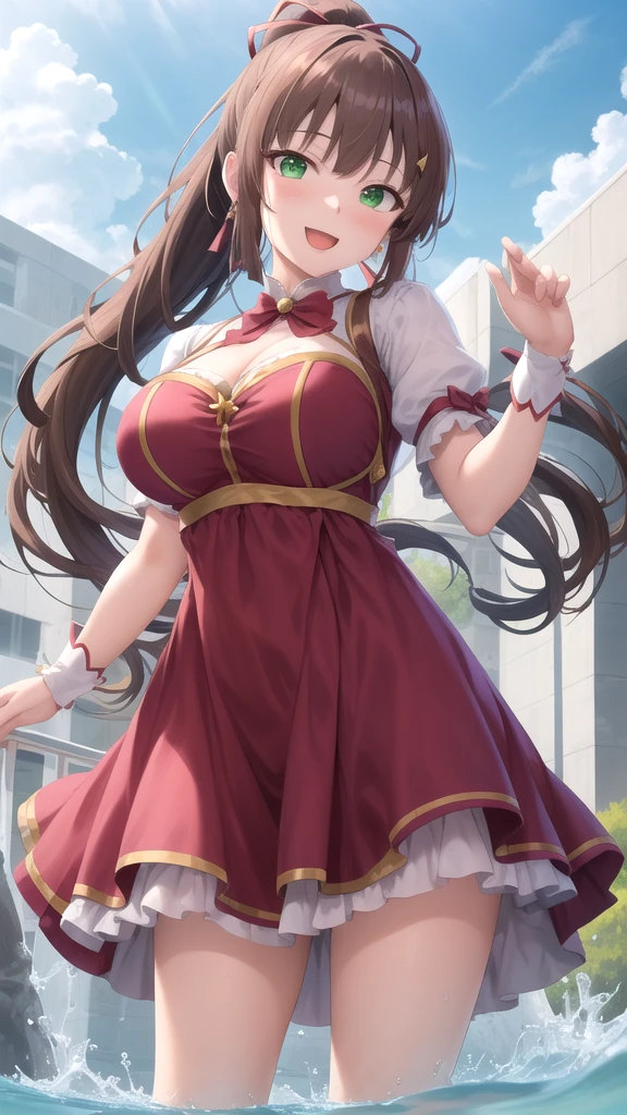 (Highest quality:1.2, Very detailed, up to date, Vibrant, Ultra-high resolution, High Contrast, masterpiece:1.2, Highest quality, Best aesthetics), (Small face), (Very detailedな肌:1.2), One Woman, (Brown Hair, Long Hair, Ahoge, Reddish brown eyes), (Slim figure:1.4, Woman with slim body and large breasts), Beautiful Eyes, Glossy Lips, Glowing Skin, Beautiful thighs, ((smile)), ((Random Pause:1.4)), (Off the shoulder, Elegant Dresses, Corset belt, Jewelry Products, Beautiful buttons, Long skirt with high waist, Dress designs that accentuate the bust), (Sexy Body), Perfect Fingers, Five Fingers, (church, Stained glass, Beautiful light), Background Blur,