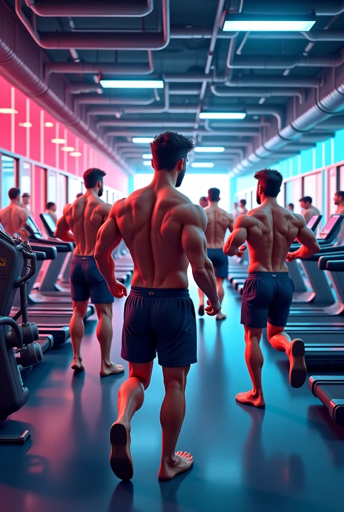 improve the image above, appearing the 5 strongest superheroes, each one doing an exercise on equipment in a gym.
