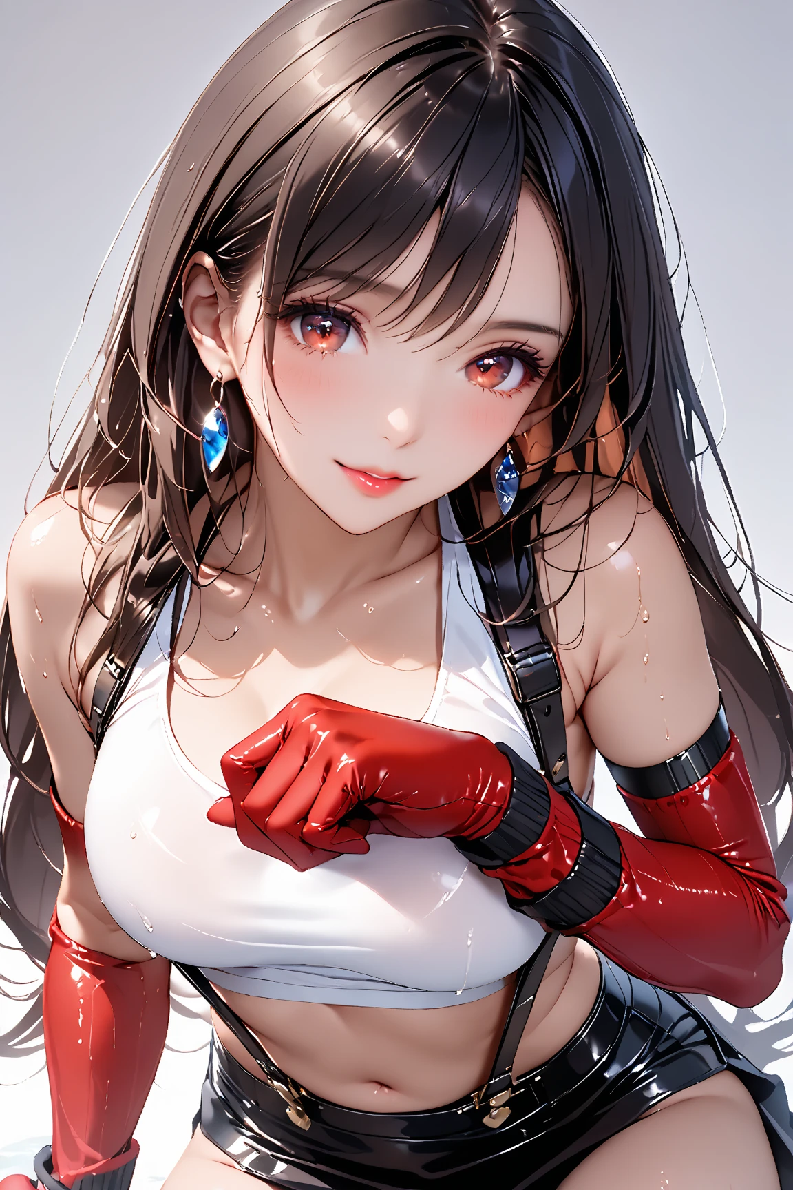 (8k, best quality, masterpiece:1.2), (realistic, photo-realistic:1.37), ultra-detailed, 1 girl,cute, solo, (tifa lockhart), (huge breasts:1.5), perfect erect nipples, ,(beautiful detailed eyes), (smile:1.2), (closed mouth), erotic pose, , depth of field, dark intense shadows, sharp focus, depth of field, good composition, green glowing light, Final Fantasy VII, (white tank top, low cut top, cleavage:1.3), (black leather mini skirt with belt:1.3) (red gloves and boots) (upper body portrait:1.5), head rest, lips, pretty face, low-tied long hair, ((red_eyes:1.3)), (night:1.2), intricate, bokeh, cinematic lighting, photon mapping, radiosity, physically-based rendering, (Tetsuya Nomura style), nsfw, perfect breasts, view from above