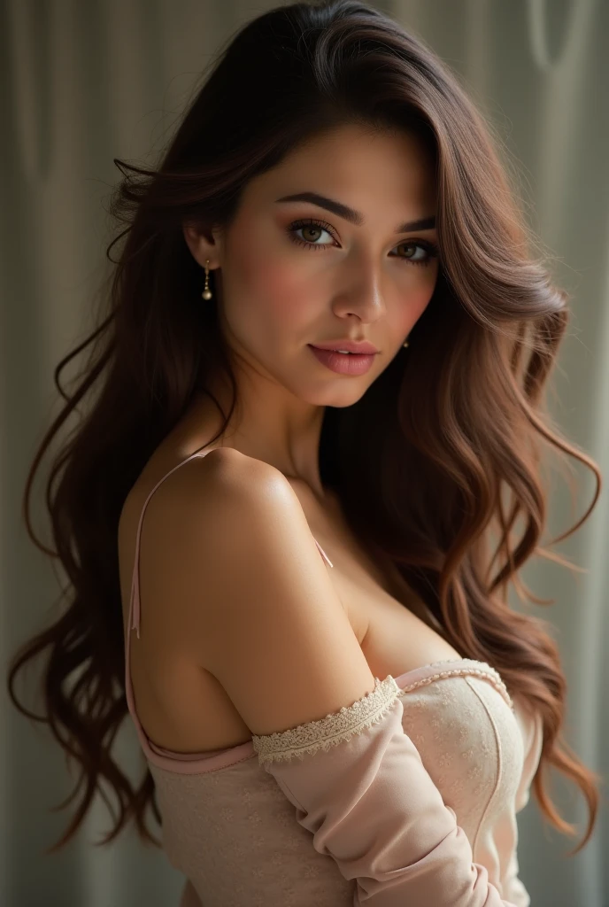 Eva Mendes with 23 years(, incredibly absurd long brown hair, ultra-detailed, CG, unit, wallpaper 8k), (masterpiece), (realistic), (photorealistic: 1.2), (raw photo: 1.2), (best quality: 1.2), (detailed face: 1.4), (beautiful detailed eyes: 1.2), (detailed hair), light on face, huge file size, cinematic lighting, 1 girl, sexy, nsfw, eyeliner, kawaii, student, long hair, brown hair,  ((wavy hair)), hair ornament, ((light blush)), ((soft under the eyes)), ((expressionless eyes)), blue eyes, ((large breasts)), fashi-g, red lips, makeup, shirtlift, ((black sweater dress)), black knees, high heels, jewelry, earrings, necklace, looking at the viewer, depth of field,